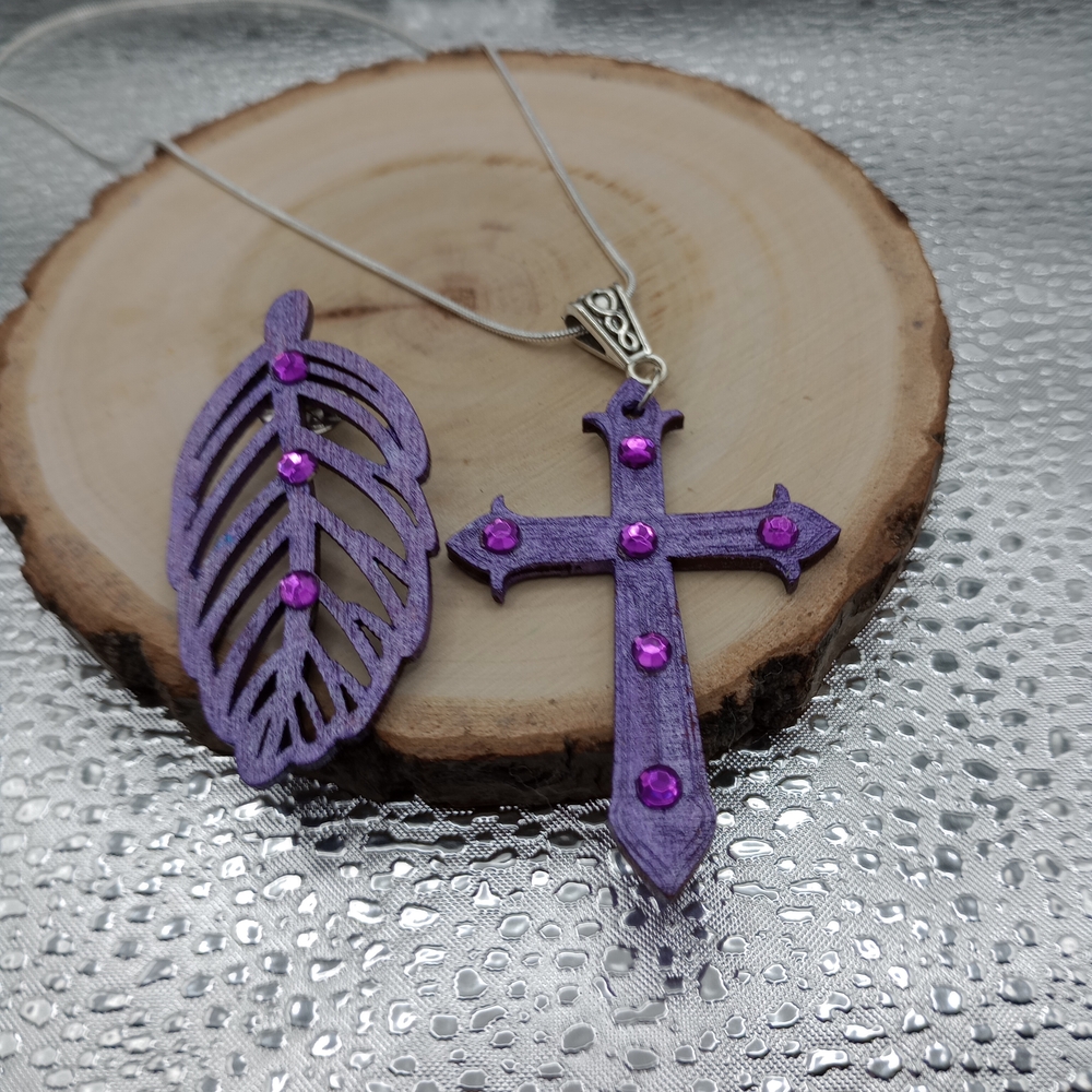 Purple Cross and Leaf Pendant Necklace